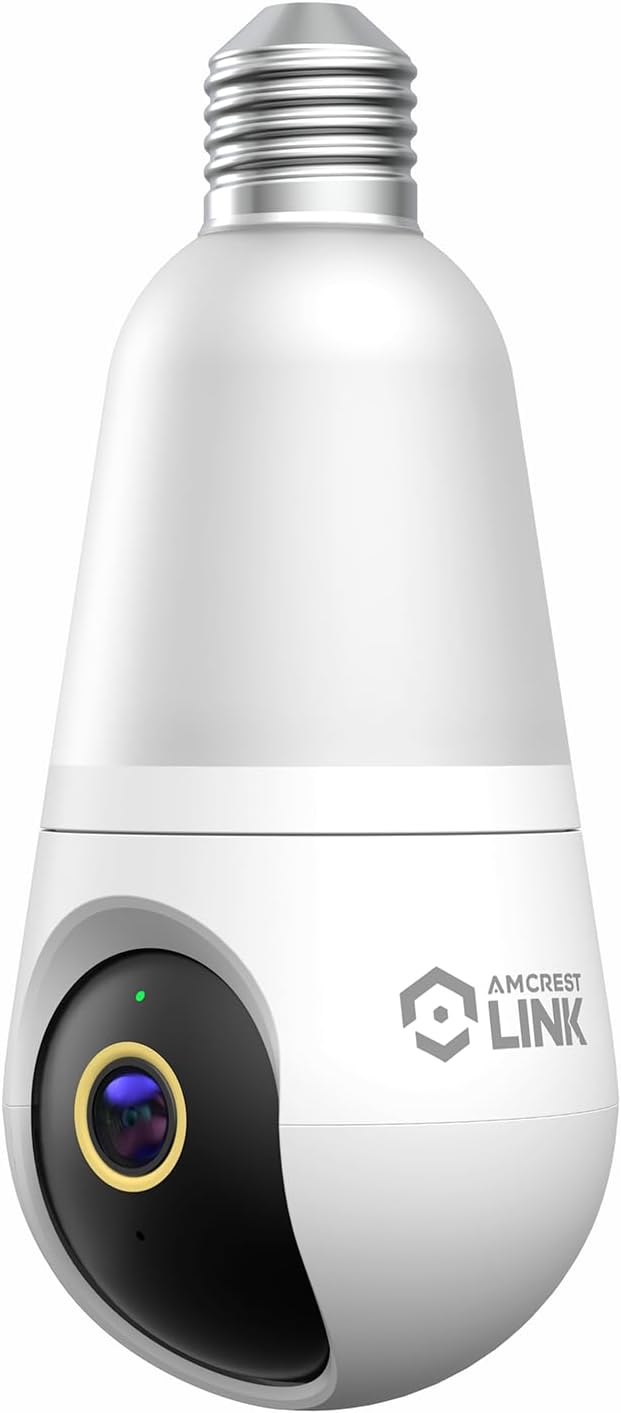 Amcrest Link 4MP Light Bulb WiFi Indoor/Outdoor Camera, Human Detection, 90.5° FOV, Pan/Tilt, IP45, AI Night Color, 2.4GHz/5GHz Dual Band Camera, Supports MicroSD Storage up 128GB