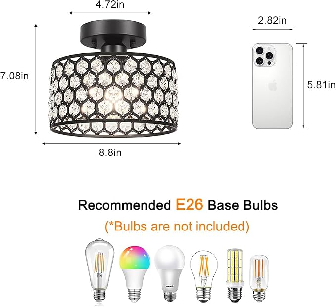 Lxybcce Black Crystal Ceiling Light Fixture - Modern Semi Flush Mount Ceiling Chandelier Lighting for Hallway, Kitchen & Foyer | Dazzling Prism Chandelier with Easy Installation,1 Light, 9 in