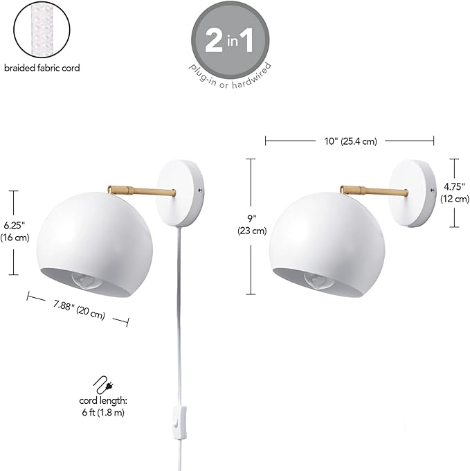 Globe Electric 52077 1-Light Plug-in or Hardwire Wall Sconce, Matte White, Brass Accent Arm, Modern Wall Light for Apartments or Renters, Bedroom, Dining or Living Room Lighting, Home Decor