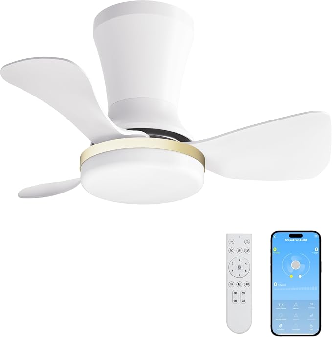 LANMEL Metal Ceiling Fan with Lights and Remote, 22 Inch, Gold & White | Modern Low Profile Flush Mount, Reversible, 3CCT Dimmable, Quiet, LED, For Bedroom, Living Room, Indoor/Outdoor Patio Use