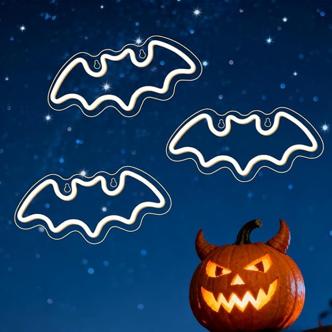 NOSUN 3 Bats Shape Neon Signs Night Lights Warm White Bats LED Light for Bedroom Bar Wall Halloween Decor Home Cafe Recreation Room Wall Artwork