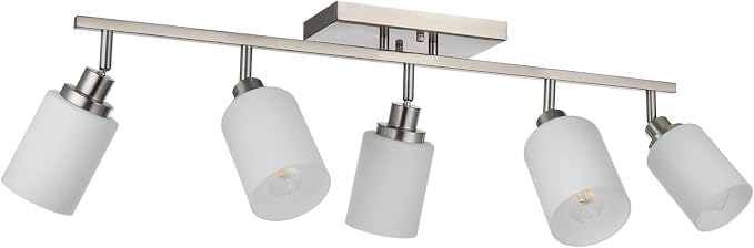5-Lights Complete Track Lighting Kits in Brushed Nickel, Modern Spotlight Ceiling Lighting with Opal White Glass, E26 Bulb Base