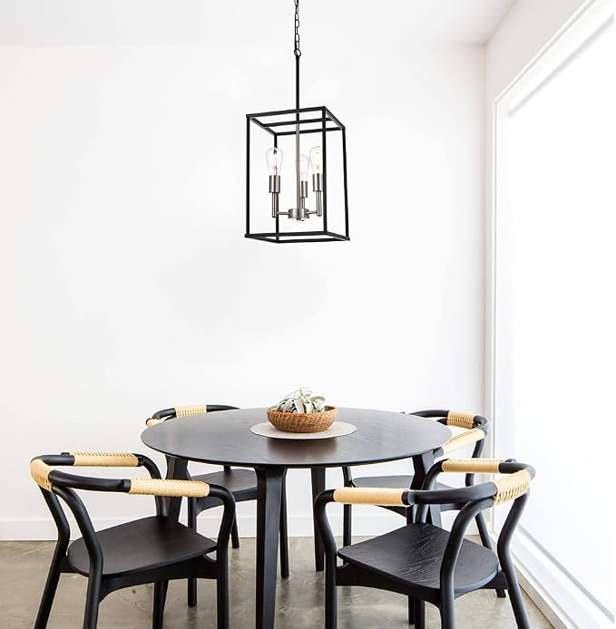3 Lights Lantern Kitchen Island Pendant Lighting in Black and Brushed Nickel Finish, Industrial Hanging Lantern Chandelier for Dining Room Living Room Adjustable Height