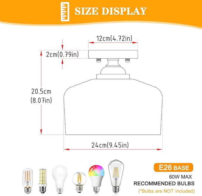 Small Semi Flush Mount Ceiling Light Fixture, Vintage Matte Black Close to Ceiling Lighting with Etched Glass Shade for Hallway, Kitchen, Entryway (Retro Design, Easy Install)