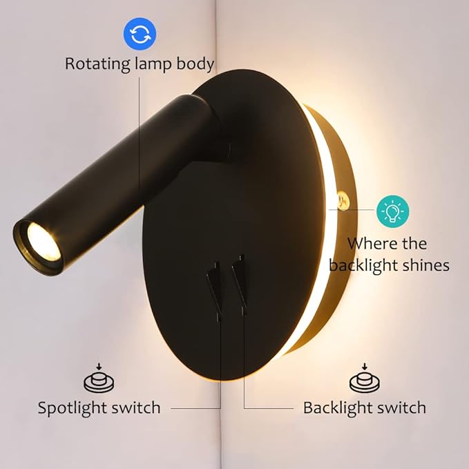 ZEROUNO Hardwired Sconces Wall Mounted Reading Lights with Switch LED Wall Lighting for Bedroom Bedside Lamps (Black)