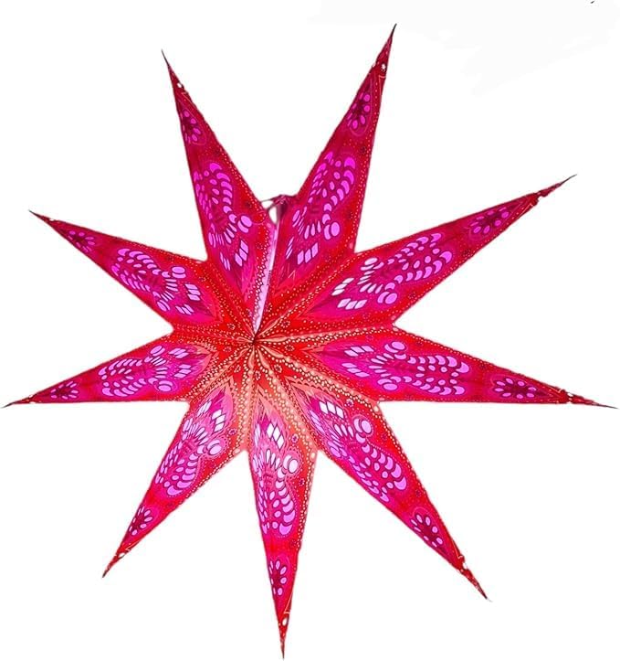 Lantern Lampshade 9 Pointed Paper Star Light Shades Large 60cm Star Hanging Decorations for Christmas Wedding Home Decoration Birthday Party (Glitter Red Pink)