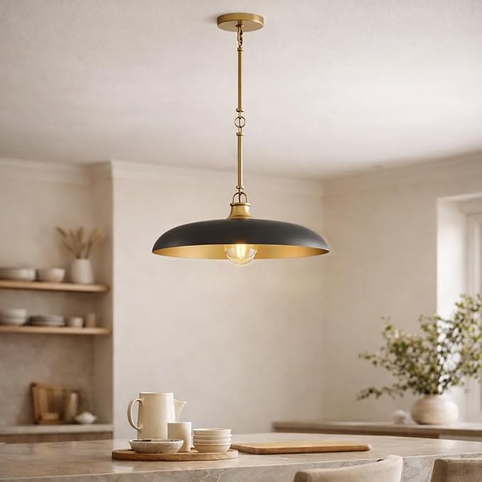 Hinkley Sadie 18" Medium Dome Pendant, Black with Lacquered Brass | Two Tone Saucer Chandelier, Includes (5) 7" Downrods, Needs a Med. LED Bulb, Adjustable Height, Dining Room, Kitchen