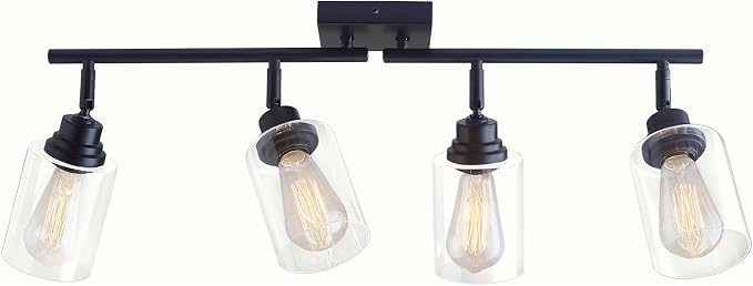 4-Light Black Ceiling Track Lighting E26 Clear Glass Light Fixture | Black metal 4 adjustable heads, clear glass semi flush mount E26 track light for kitchen, bathroom, living room