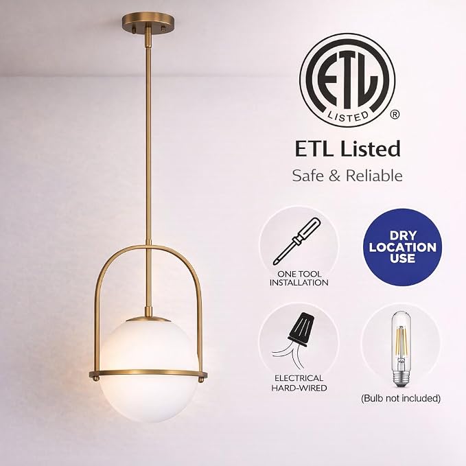 Brass Pendant Light Kitchen Island, 1-Light Modern Hanging Light Fixture, Adjustable Height Ceiling Light with Frosted Glass Globe, E26 Base, Dining Room, Entryway, Bedroom Lighting, ETL Listed