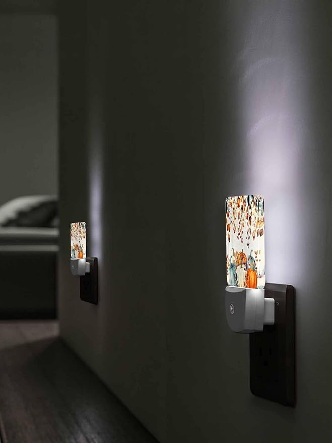 Fall Night Lights Plug into Wall LED Night Light Thanksgiving Watercolor Pumpkin Leaf Vintage Automatic Dimmable Dusk-to-Dawn Square Shaped Smart Nightlight for Bathroom/Bedroom