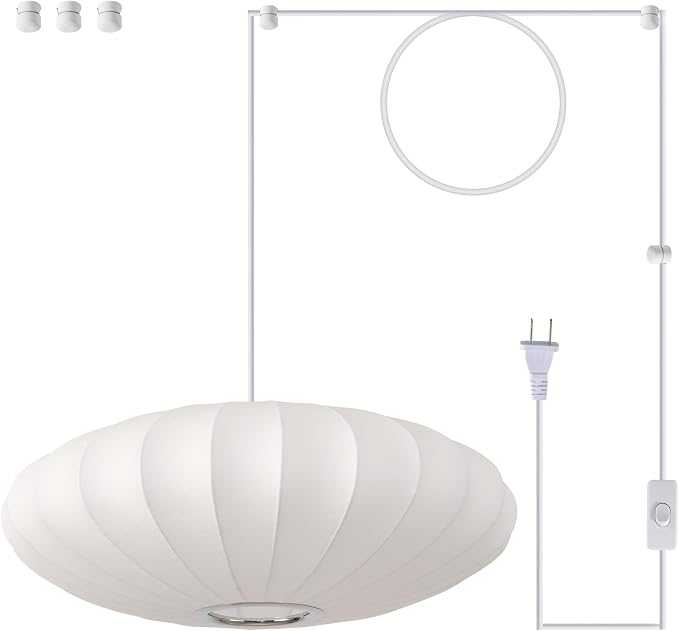 20in Plug in Pendant Light Lantern, White Imitation Silk 3-Light | Plug in Hanging Lamp Wabi Sabi Japanese Bubble Saucer Pendant Chandelier for Living Dinning Room Kitchen Island Bedroom 1PK
