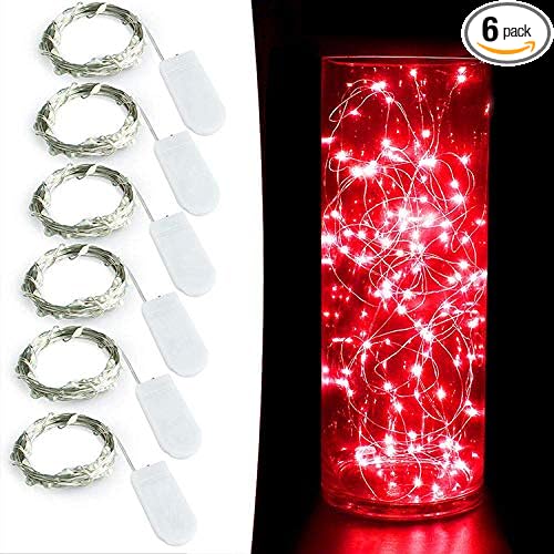 YKB 6 Pack Fairy Lights Battery Operated with 20 Mini LEDs on 6.6FT Copper Wire, Starry String Lights Powered by 2xCR2032(Incl) Batteries, for Wedding Holiday Halloween Christmas Decor Red