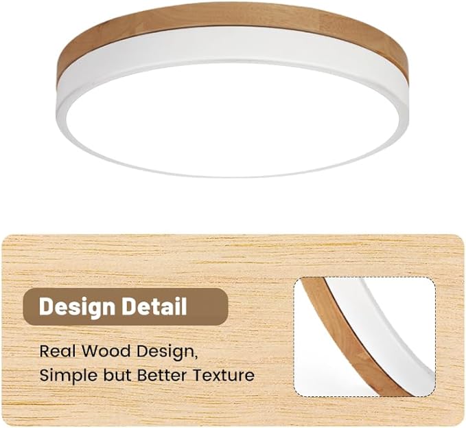 15.8 inch Dimmable Wood LED Flush Mount Ceiling Light Fixture,36W 3600LM,3000K/3500K/4000K/5000K/6000K CCT Selectable,Close to Ceiling Round Flat Panel Light for Bedroom,Hallway,Kitchen