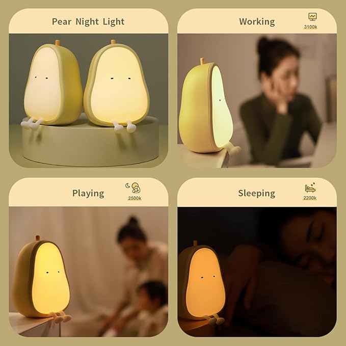 Night Lights for Kids USB Rechargeable Lamps, BPA-Free ABS+Silicone Bedside Lamp for Breastfeeding,Color Changing, Yellow Pear