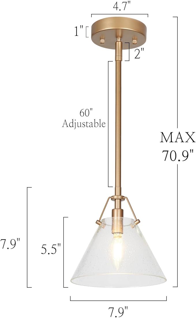 KSANA Pendant Light Fixtures, Gold Pendant Light Kitchen Island 1-Light Seeded Glass Pendant Lighting for Dining Room, Kitchen, Hallway, Bedroom, 7.9" Dia