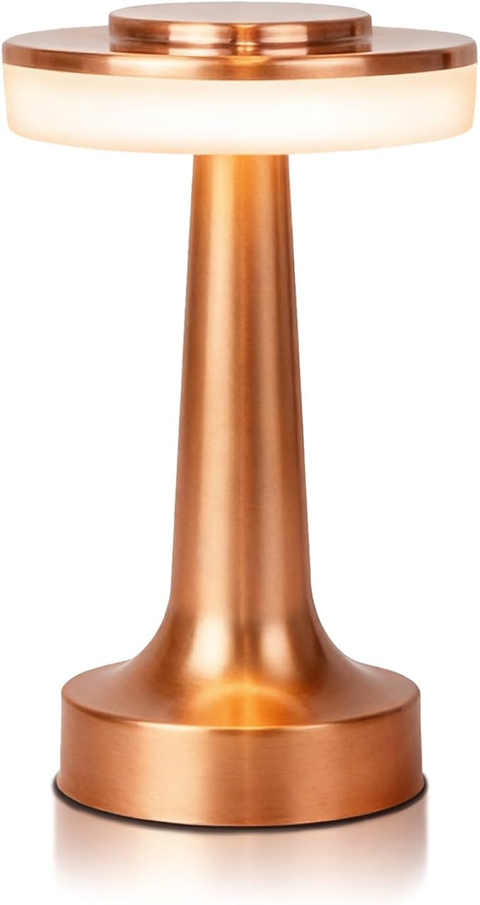 JHPGEOE Cordless Metal Desk Lamp, Touch Sensor Control LED Table Lamp,3 Color Stepless Dimmable Battery Powered Lamp for Living Room, Dorm, Home Office (Rose Gold)