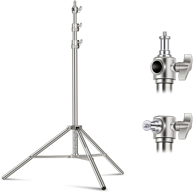 NEEWER 7.2ft/2.2m Stainless Steel Light Stand, Spring Cushioned Heavy Duty Photography Tripod Stand with 1/4” to 3/8” Screw Adapter for Strobe,LED Video Light,Ring Light, Monolight, Softbox | Photography Tripod Stand, 1/4" to 3/8" Screw Adapter, for St...