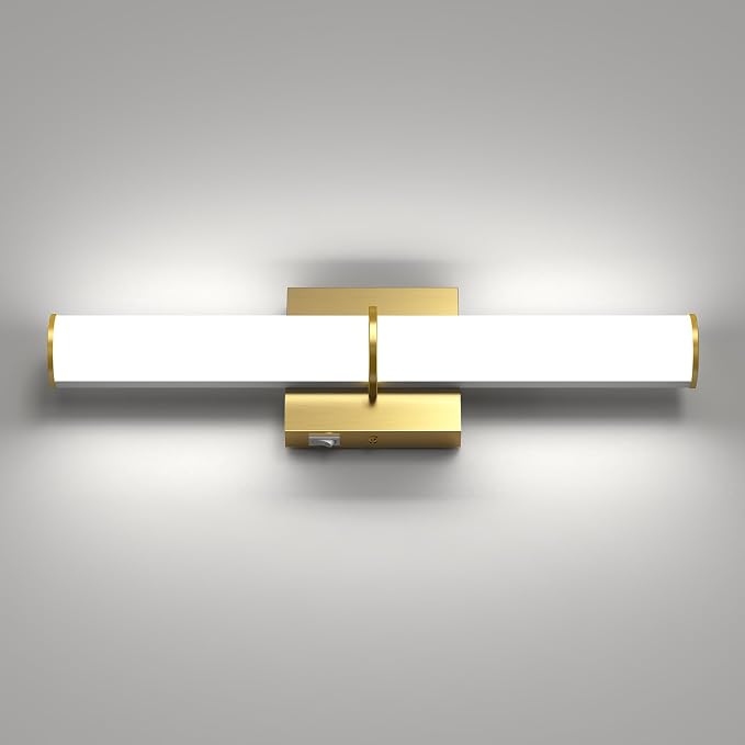 17.3Inch Modern Vanity Light Fixture with Switch, 12W 5000K Led Bathroom Light Fixture Over Mirror, Hardwired, 1200LM Gold Vanity Light Bar for Mirror Bedroom Hallway Living Room