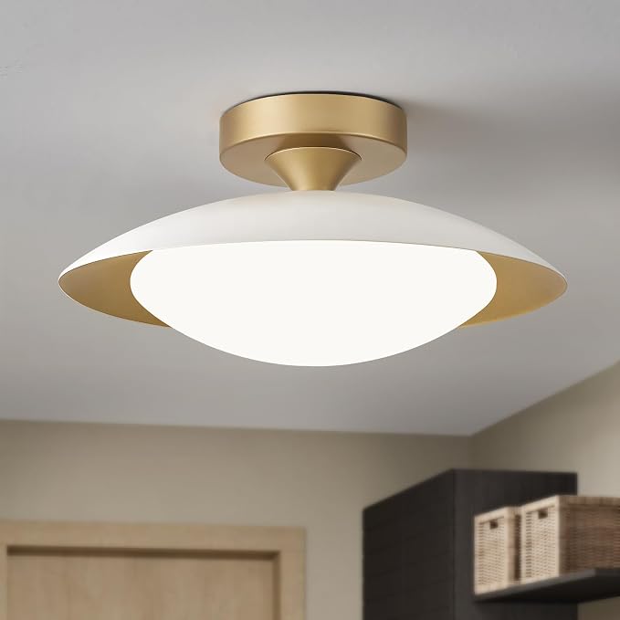YURNYQ Dimmable Modern LED White and Gold Ceiling Light Fixture 11.81 in | Glass Shade Kitchen Semi Flush Mount Ceiling Light Fixture,5CCT In One Light Fxiture for Hallway Bedroom Laundry Room Foyer