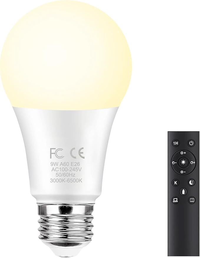 GRV E26 A60 9W Smart LED Light Bulb with a 2.4GHz Remote Control,Color Changing Led Bulbs,Stepless Dimmable 3000K-6500K,60W Incandescent Lamp Equivalent,800Lumens,Home Decor,1 Bulb & 1 Remote