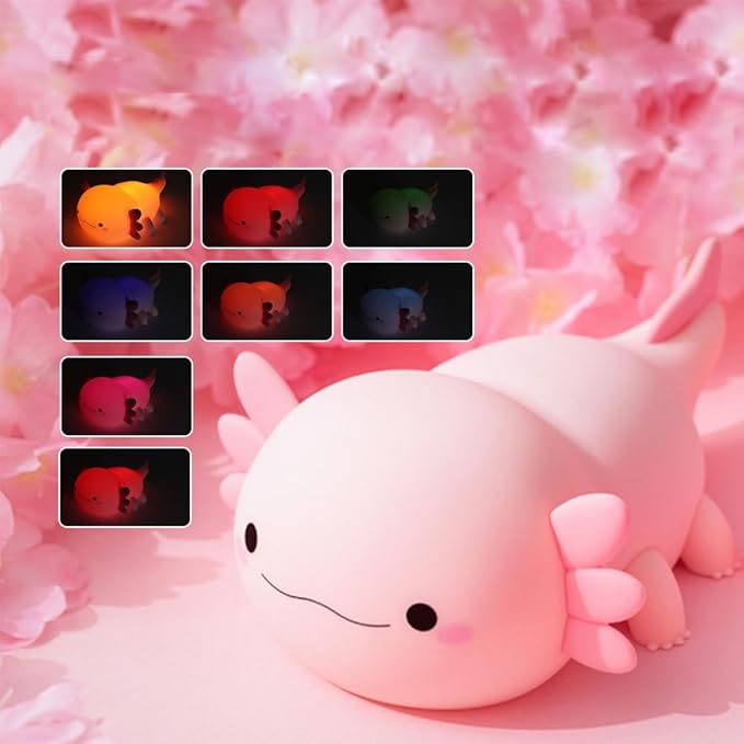 Axolotl Night Light – Cute Rechargeable Dimmable Silicone Lamp for Kids, Kawaii Bedside & Nursery Decor, Trendy for Girls & Boys (Pink)