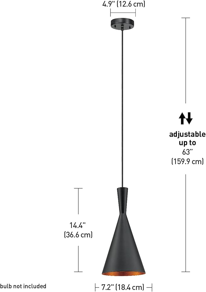 Globe Electric 63873 1-Light Hourglass Pendant Light Fixture, Matte Black, Gold Interior, Adjustable Hanging Height Cord, Dimmer Switch Compatible, Modern Lighting for Kitchen Island or Dining Room