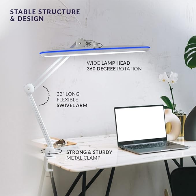 Neatfi XL 2,200 Lumens 20W LED Task Lamp – 23” Ultra-Wide Head | 182 SMD LEDs | 4 Brightness Levels | 3 Light Modes | Eye-Caring, Glare-Free | Adjustable Arm (CCT with Clamp, White)