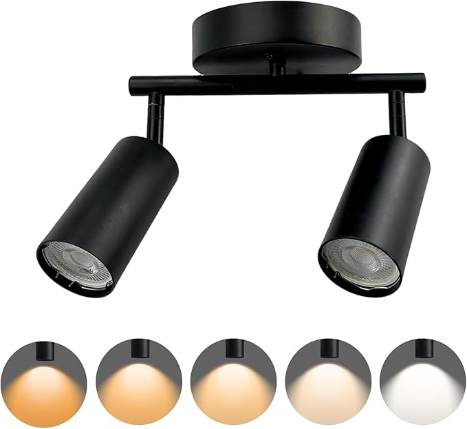 Jolux LED 2 Light Track Lighting Kit, Black 2 Way Ceiling Spot Lighting Fixture, Flexibly Rotatable Light Head with Included 2 GU10 Bulbs (750LM, Select 5CCT) for Kitchen, Gallery Art Walls, Hallway