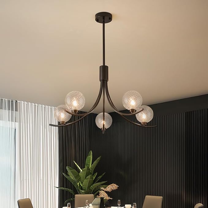 5-Head Black Modern Chandelier with 5 Clear Glass Globe Bulbs, Globe Chandelier, Elegant Lamps with Black Accents, Ceiling Light for Living Room Kitchen Island Bedroom Entryway