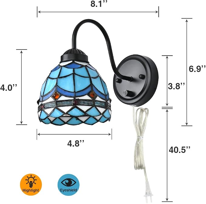 Bedside Wall Mount Lamp with Dimmable Switch, Industrial Vintage Gooseneck Wall Sconce with Plug in Cord, Wavy Blue Stained Glass Shade Wall Light Perfect for Bedroom, Living Room