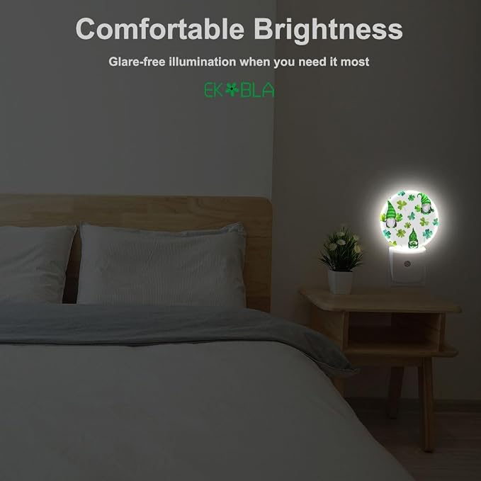 EKOBLA St. Patrick's Day Gnome Night Light, Green Shamrock Clover Night Lights Plug Into Wall with Auto Sensor for All Ages