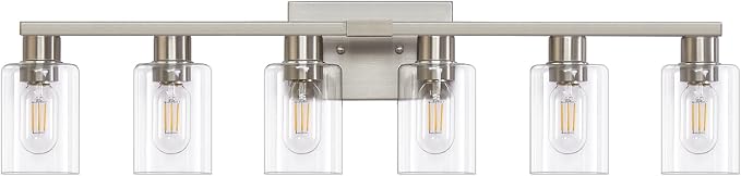 6-Light Bathroom Vanity Light, Brushed Nickel Vanity Lights for Bathroom, Bathroom Lights Fixtures Over Mirror, Large Vanity Light Over Mirror Modern Wall Sconce with Clear Glass Shade