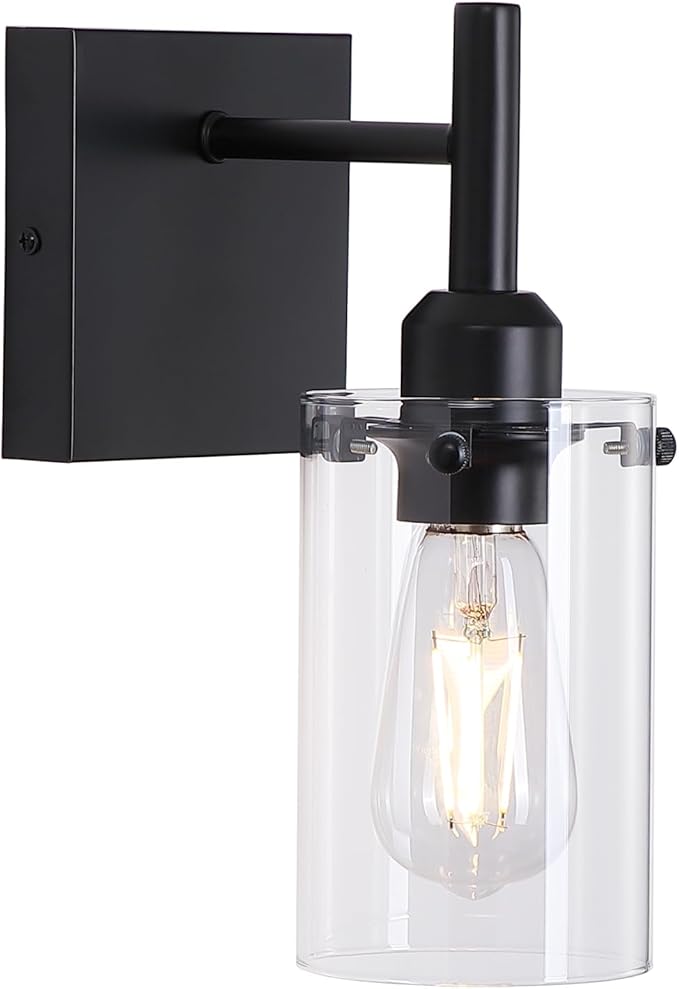 Modern Farmhouse Black Wall Sconce,1-Light Bathroom Wall Mount Vanity Light with Clear Glass Shade,Indoor Metal Wall Lamp for Living Room Bedroom Kitchen Hallway Mirror Decor
