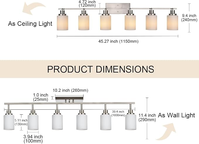 6-Lights Track Lighting Ceiling, Ceiling Spotlight Fixtures Brushed Nickel Bathroom Vanity Lighting with Opal White Glass, E26 Bulb Base