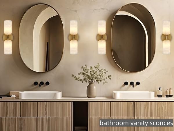Alabaster Wall Sconces, 14" Modern Spanish Natural Marble Vanity Light, Dimmable Hardwired Brass Gold Wall Sconce Lighting for Bathroom Mirror, Bedroom, Living Room, Luxury Stone Wall Fixtures (1 Pcs)