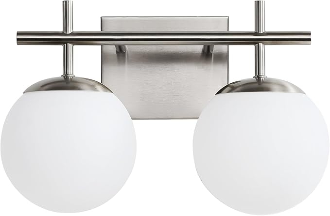 Brushed Nickel Vanity Light for Bathroom, 2-Lights Modern Vanity Lighting with Milky White Frosted Glass Shade, Bathroom Light Fixture Mid Century Wall Sconce (Exclude E26 Bulb)