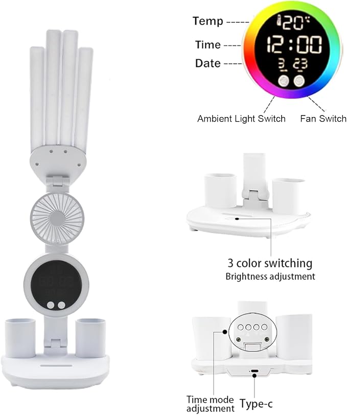 6-in-1 Led Desk Lamp Adjustable Foldable Table Lamp with Fan, Clock, Dates, Temperature, Pen Holder, 3 Color & Stepless Dimming, Reading Lamp for Study Table Work Office