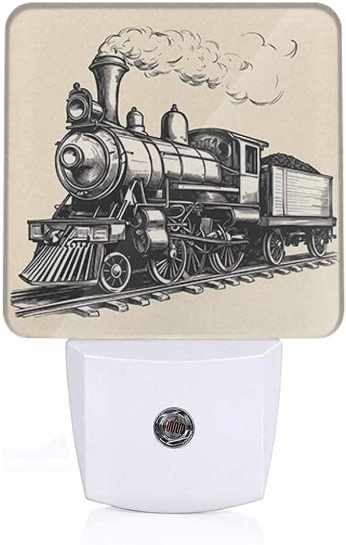 Train Night Light Plug-into Wall Retro Sketch Nightlight Lamp with Dusk to Dawn Sensor, Led Lamp 0.5W Energy Efficient for Home Decor
