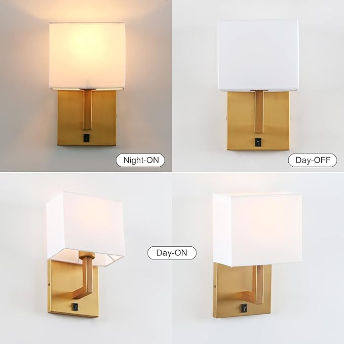 PERMO Single Wall Sconce Light Fixture Antique Finish with White Textile Shades and On/Off Switch Button Small Modern Nightstand Lamps for Bedrooms Bedside Reading