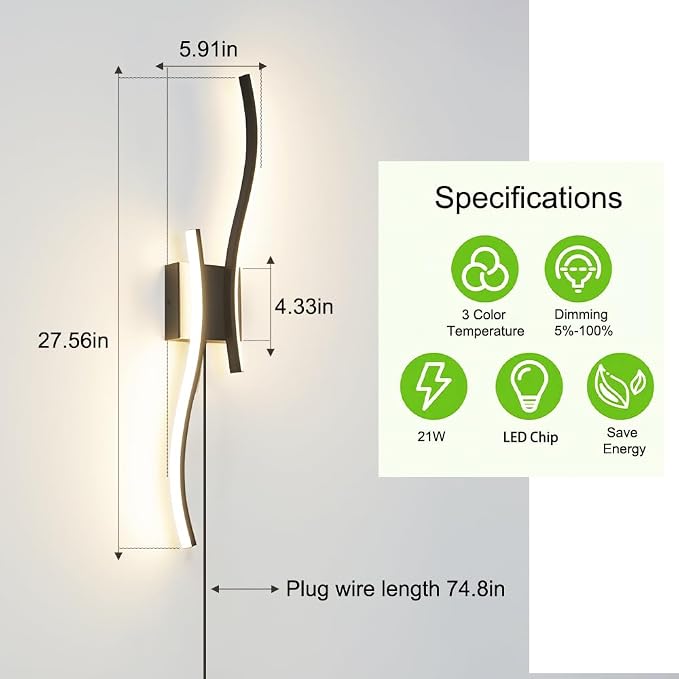 Daunton Modern Plug in Wall Sconce Set of 2, Black Dimmable LED Wall Light with Remote Control, 3CCT Adjustable & Memory Function, Timer, Plug in Cord Wall Lamp for TV Wall Living Room Hallway Bedroom