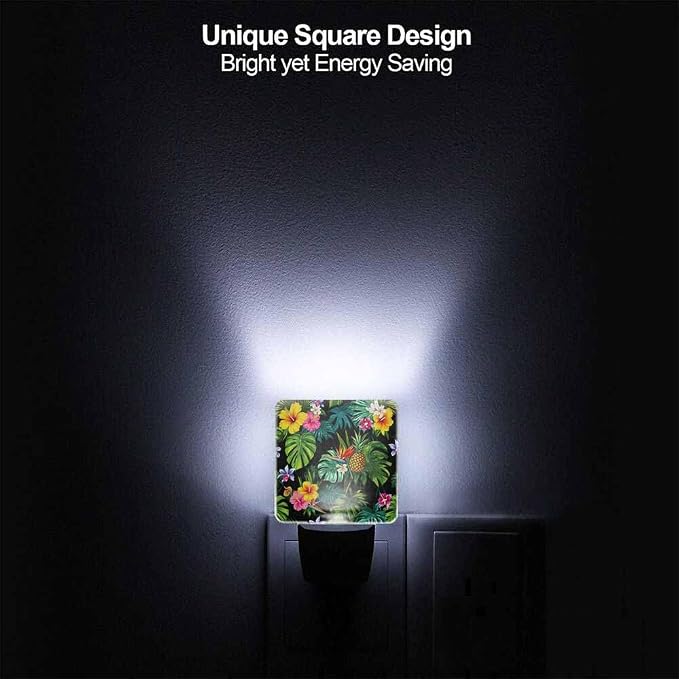 Pineapple Night Light Tropical Palm Leaves and Flowers 0.5W Night Lights Auto LED Lamp Energy Saving Square Lights for Room Bedroom Bathroom