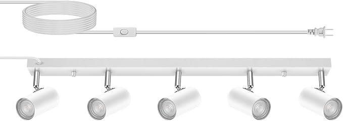 5 Light Track Lighting Kit,White 5 Way Modern Plug in Ceiling Spotlight,Industrial LED Wall Light for Kitchen Cabinet Gallery Bar Hallway Living Room,Rocker Switch,15 Foot Cord(No Bulb)