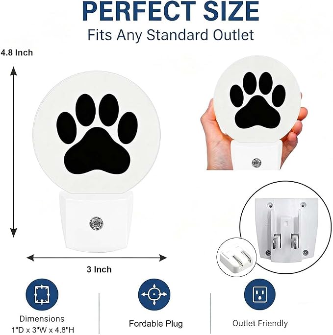 Nightlight Dog Paw Plug-in Night Lights Dusk to Dawn | Animal Puppy Black Cartoon Footprint Night Light LED Round Lamp with Auto on/off Sensor for Kitchen Hallway Bedroom Bathroom