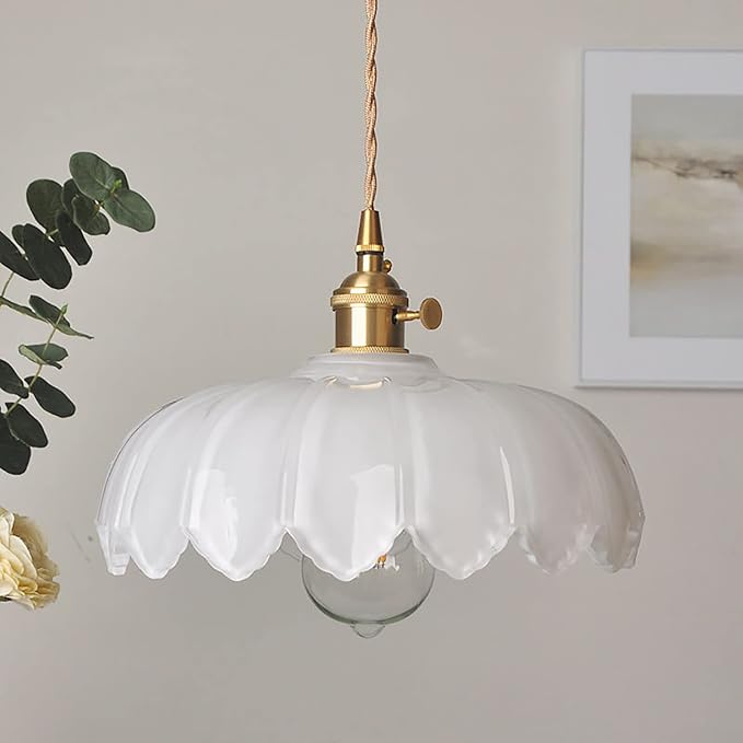 Milk White Glass Pendant Light Fixtures Medium 9.8 Inches Lampshade Gold Brass Finish and Switch Vintage Pendant Ceiling Lamp Copper Pendant Lighting (Milk White)