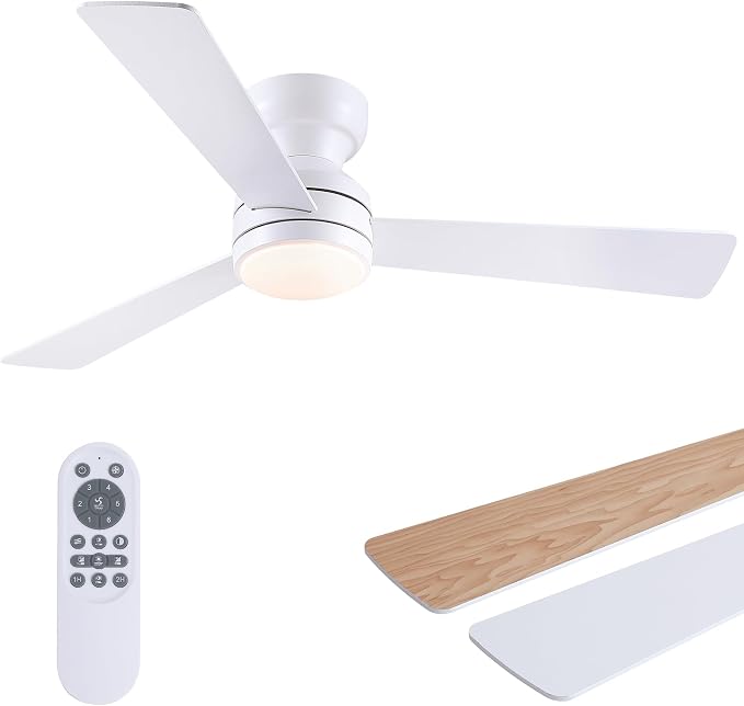 Asyko 46" White Modern Low Profile Ceiling Fans with LED Lights and Remote | Reversible 6 Wind Speeds, Dimmable 3 CCT LED Light, 25W Quiet DC Motor,2H Timer,3 Double-Sided Blades,for Bedroom Kitchen
