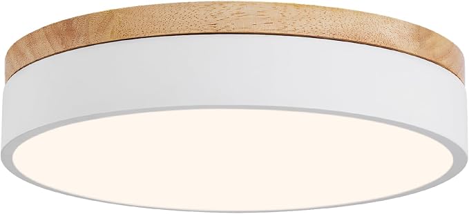 12" Minimalist White and Wood LED Flush Mount Ceiling Light Fixture | Natural Wood Accent, Integrated LED, 5CCT Before Installation, Slim Low-Profile Design, Minimalist Modern Style, Compact Size