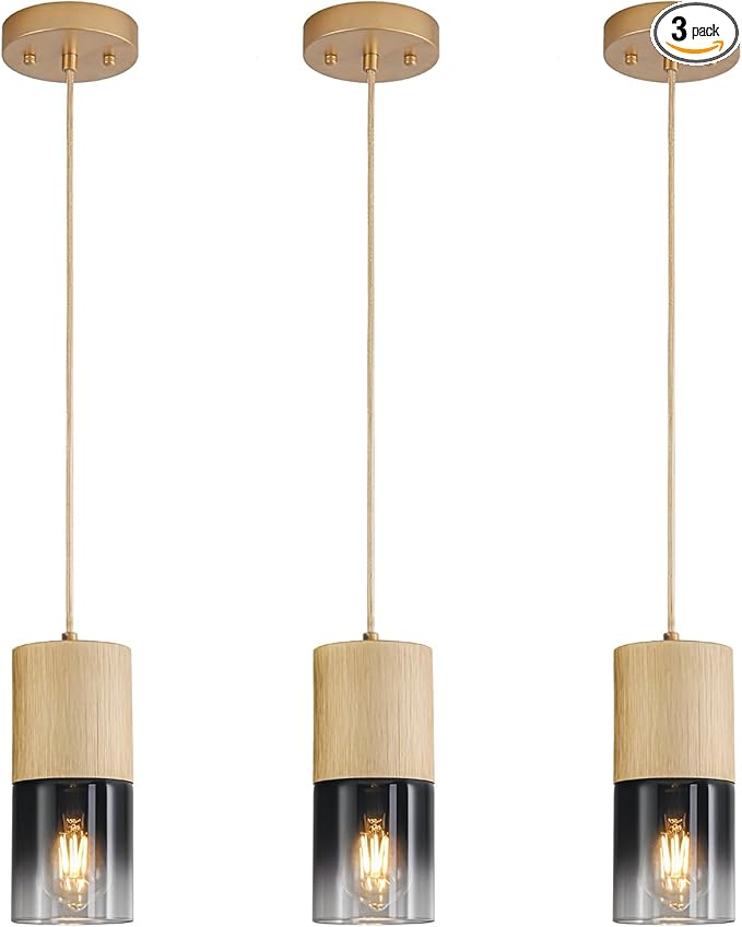 3-Pack Gold Pendant Light Fixtures, Adjustable Modern Black Pendant Lights for Kitchen Island, Industrial Glass Pendant Lights for Dining Table Hallway Bedroom Living Room