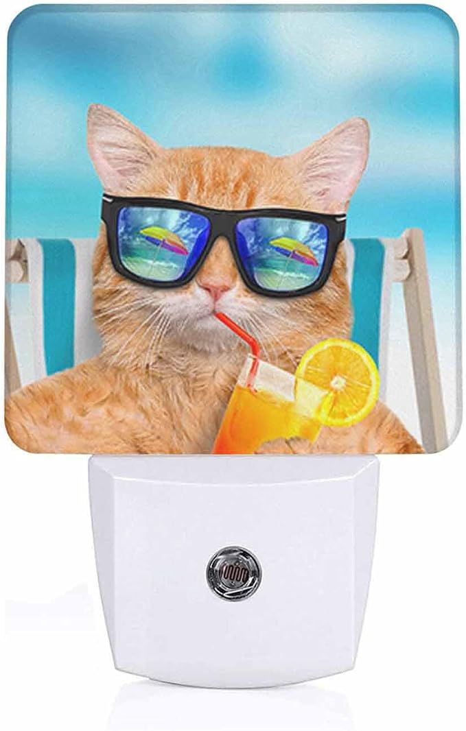 LED Night Light,Funny Cat Sunglasses Relaxing Vacation On Blue Sea LED Night Light Plug into Wall with Dusk to Dawn Light Sensor White Energy Efficient Nightlight for Bedroom Living Room Kitchen