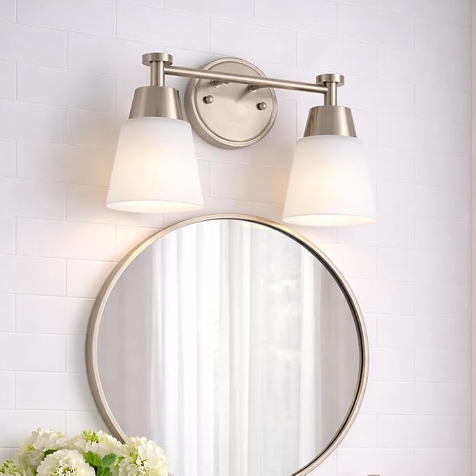 2-Light Bathroom Vanity Light, Brushed Nickel Finish with Milk Glass Shades, Over Mirror, for Bathroom Vanity