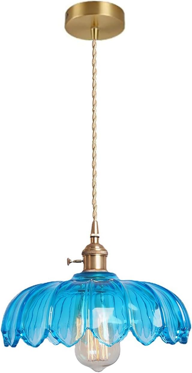 Blue Glass Pendant Light Fixtures Medium 9.8 Inches Lampshade Gold Brass Finish and Switch Vintage Pendant Ceiling Lamp Copper Pendant Lighting (Blue)